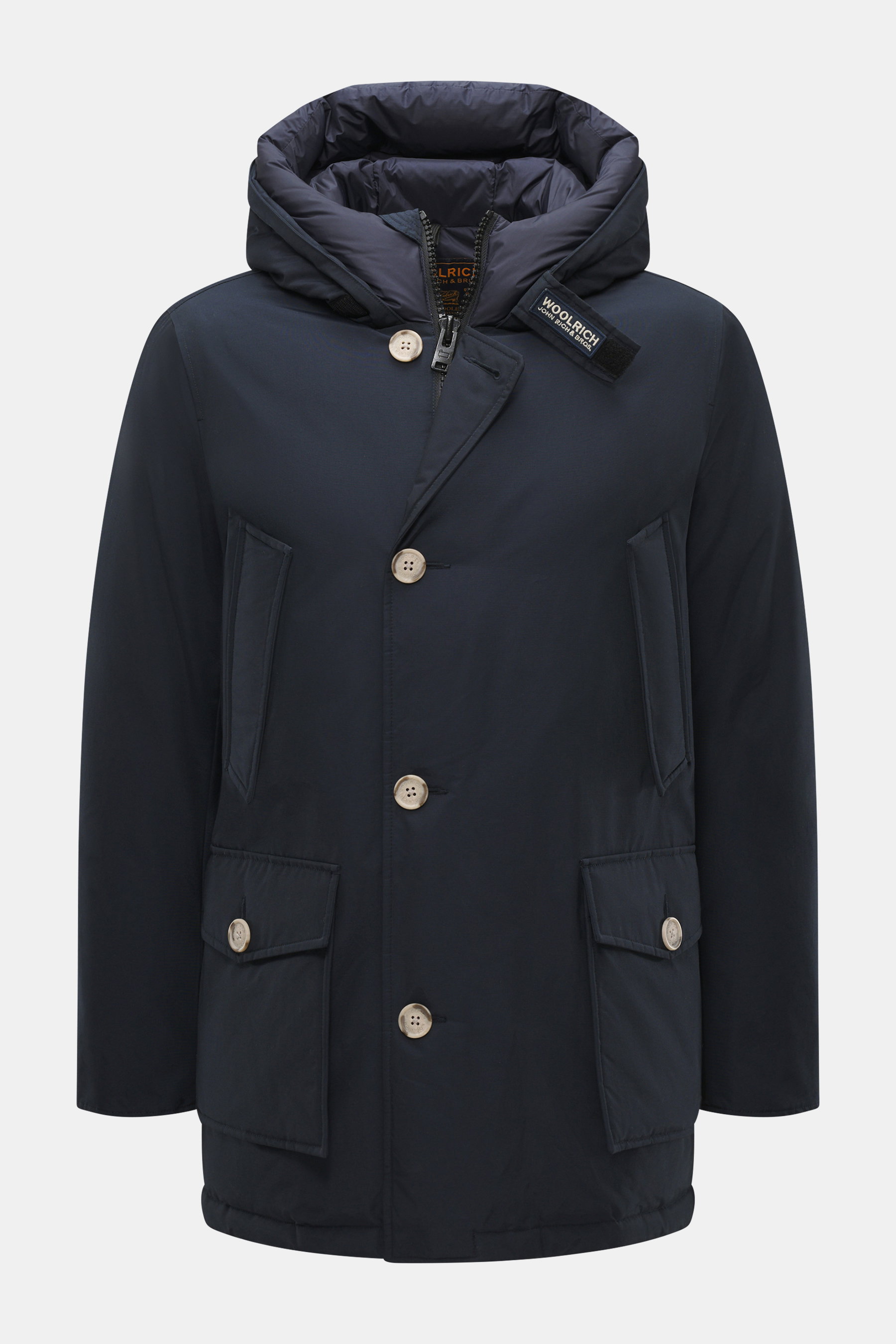 Woolrich Down parka 'Arctic Parka' navy front view, slim fit with wind- and water-repellent cotton-microfibre, down lining, hood, buttons, pockets.