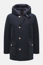 Woolrich Down parka 'Arctic Parka' navy front view, slim fit with wind- and water-repellent cotton-microfibre, down lining, hood, buttons, pockets.