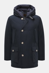 Woolrich Down parka 'Arctic Parka' navy front view, slim fit with wind- and water-repellent cotton-microfibre, down lining, hood, buttons, pockets.