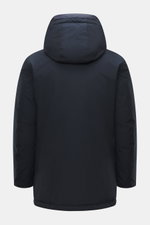 Woolrich Down parka 'Arctic Parka' navy shown from the back, featuring a flexible down-lined hood, slim fit, and wind- and water-repellent cotton-microfibre blend. Cold weather? Bring it on! The 'Arctic Parka' by WOOLRICH offers sporty style and dependabl