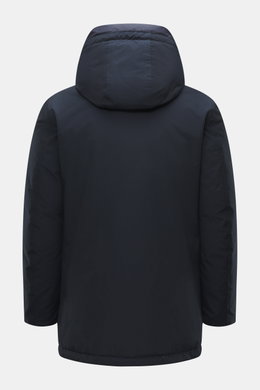 Woolrich Down parka 'Arctic Parka' navy shown from the back, featuring a flexible down-lined hood, slim fit, and wind- and water-repellent cotton-microfibre blend. Cold weather? Bring it on! The 'Arctic Parka' by WOOLRICH offers sporty style and dependabl
