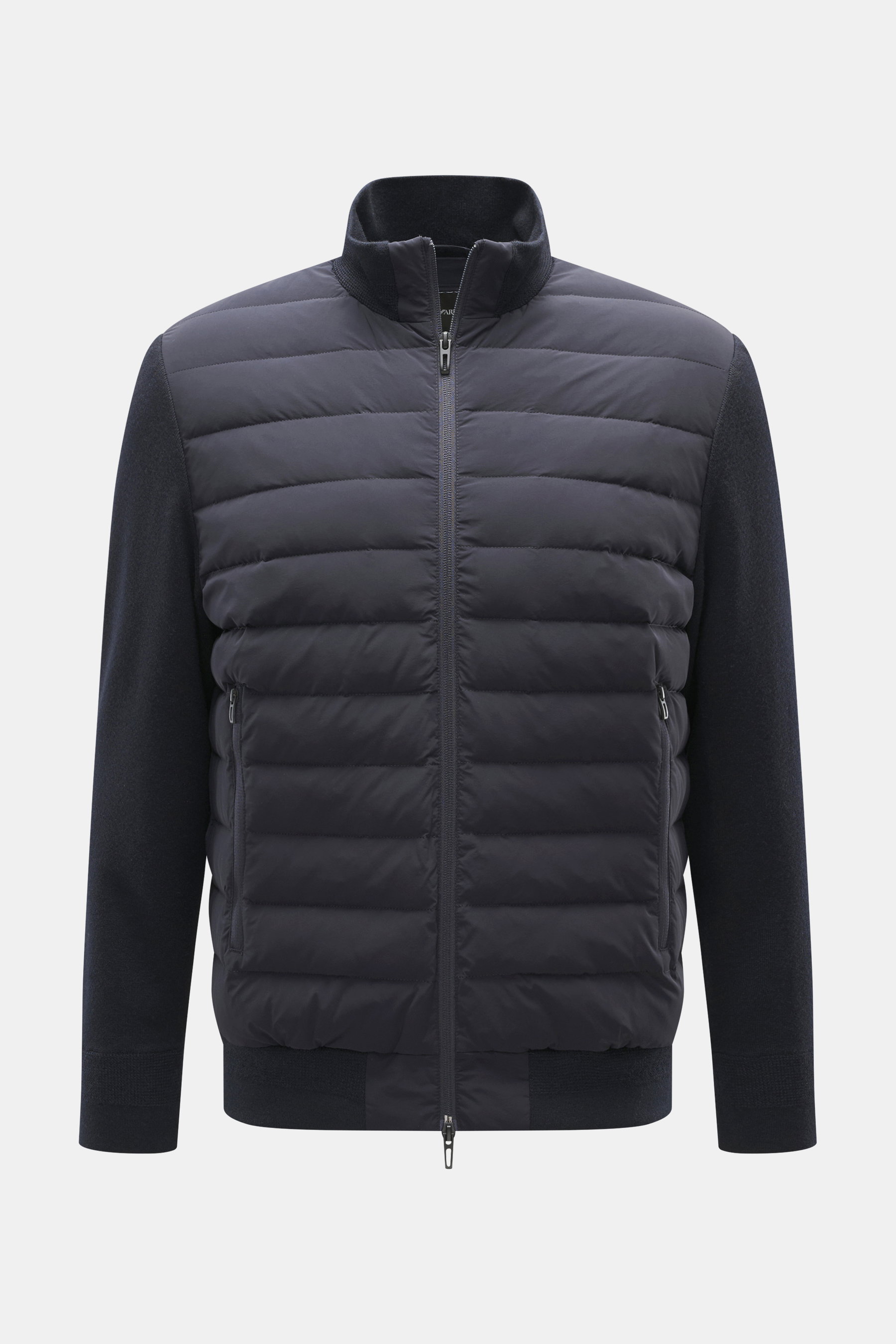 Front view of Emporio Armani Down jacket navy with quilted front, knitted sleeve inserts, stand-up collar, zipper front pockets, slim fit. Sporty-casual through the cold season: With its knitted sleeve inserts, the down jacket by EMPORIO ARMANI becomes th