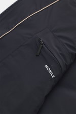 Emporio Armani Daunenjacke navy aus Microfaser mit Zipper-Fronttaschen, Slim Fit, Stehkragen und Strickärmel, Nahaufnahme von vorne.