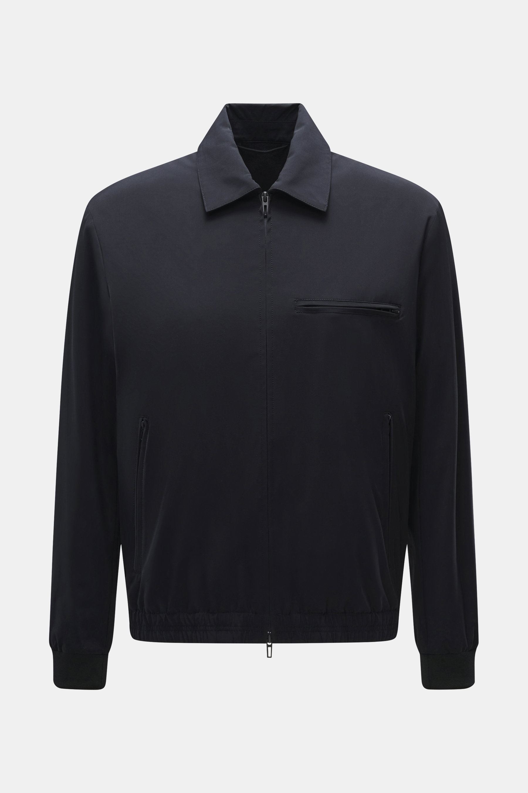 Front view of Emporio Armani Blouson navy jacket made of a mix of viscose and microfiber, soft touch, light padding, regular fit, with a robust two-way zipper, turn-down collar, three zipper front pockets, adjustable elastic sleeve cuffs, flexible hem fin