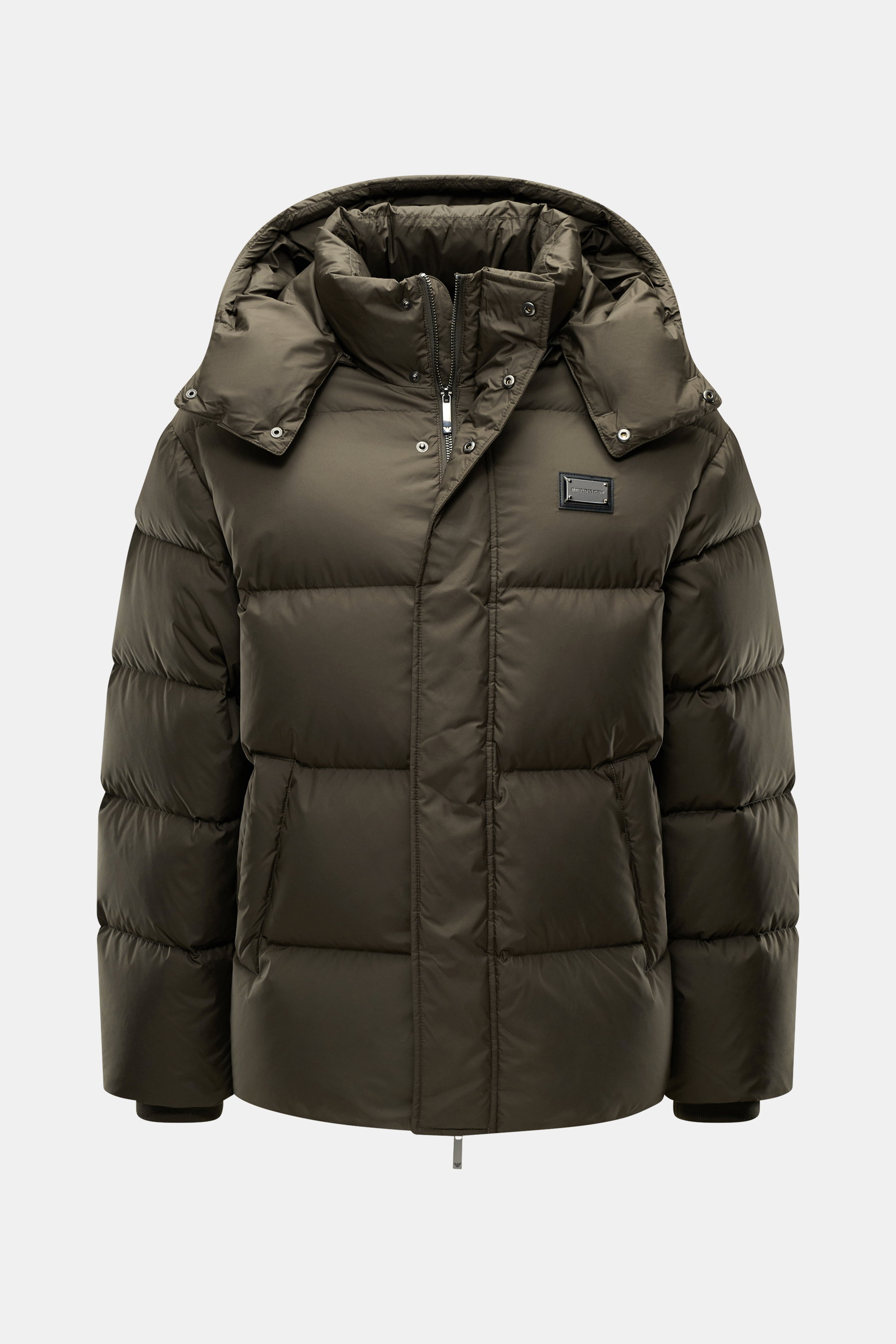 Front view of Emporio Armani Down jacket brown featuring high-quality microfiber, soft touch, warm down filling, slim fit, two-way zipper, wind flap with snap buttons, detachable hood, front pockets with snap button, logo patch made of leather and metal, 
