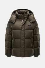 Front view of Emporio Armani Down jacket brown featuring high-quality microfiber, soft touch, warm down filling, slim fit, two-way zipper, wind flap with snap buttons, detachable hood, front pockets with snap button, logo patch made of leather and metal, 