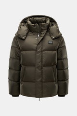 Front view of Emporio Armani Down jacket brown featuring high-quality microfiber, soft touch, warm down filling, slim fit, two-way zipper, wind flap with snap buttons, detachable hood, front pockets with snap button, logo patch made of leather and metal, 