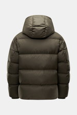 Emporio Armani Down jacket brown viewed from the back, featuring high-quality microfiber, soft touch, warm down filling, slim fit, two-way zipper, wind flap with snap buttons, detachable hood, front pockets with snap button, logo patch made of leather and