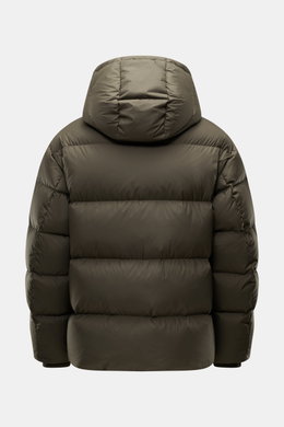 Emporio Armani Down jacket brown viewed from the back, featuring high-quality microfiber, soft touch, warm down filling, slim fit, two-way zipper, wind flap with snap buttons, detachable hood, front pockets with snap button, logo patch made of leather and