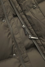 Close-up front view of the Emporio Armani Down jacket brown, featuring high-quality microfiber, soft touch, warm down filling, slim fit, two-way zipper, wind flap with snap buttons, detachable hood, front pockets with snap button, logo patch made of leath