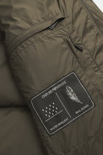 Close-up front view of Emporio Armani Down jacket brown showcasing high-quality microfiber, soft touch, warm down filling, slim fit, two-way zipper, wind flap with snap buttons, detachable hood, front pockets with snap button, logo patch made of leather a