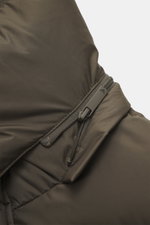Close-up front view of Emporio Armani Down jacket brown showcasing high-quality microfiber, soft touch, warm down filling, slim fit, two-way zipper, wind flap with snap buttons, detachable hood, front pockets with snap button, logo patch made of leather a