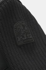 Nahaufnahme von Parajumpers Strickjacke 'Steel River' schwarz, grobes Patentstrick-Design, hochwertig, weicher Griff, Slim Fit, mit PJS-Weblabel.