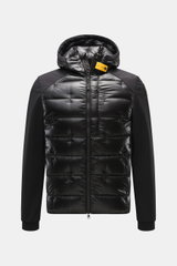Parajumpers Softshell-Daunenjacke 'Vigolo' schwarz, Frontansicht, Ripstop-Microfaser, Softshell mit Fleece, Daunenfüllung, wasserabweisend, atmungsaktiv, Slim Fit, Kapuze, Zipper- und Fronttaschen.