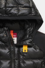 Parajumpers Softshell-Daunenjacke 'Vigolo' schwarz, Detailaufnahme von oben, Ripstop-Microfaser, Softshell-Fleece, Daunenfüllung, wasserabweisend, atmungsaktiv, Slim Fit, Zwei-Wege-Reißverschluss, Kapuze, Knopfriegel, Brust- und Fronttaschen, Weblabel, el