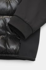 Nahaufnahme der Ärmelbündchen und Innenansicht der Parajumpers Softshell-Daunenjacke 'Vigolo' schwarz, Ripstop-Microfaser, Softshell, leichte Daunenfüllung, wasserabweisend, atmungsaktiv, Slim Fit.
