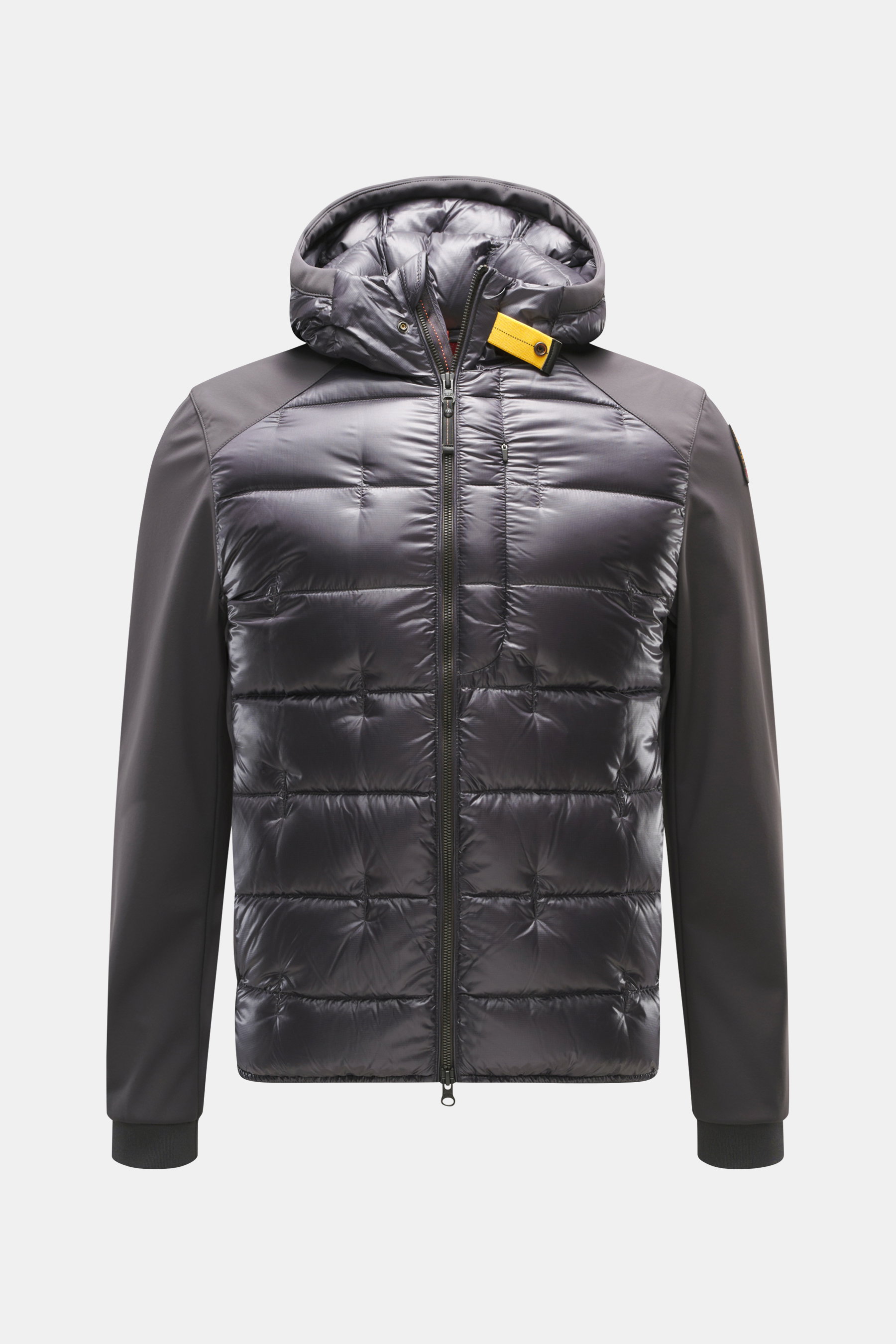 Parajumpers Softshell-Daunenjacke 'Vigolo' dunkelgrau im Frontanschnitt, Ripstop Microfaser, Softshell-Fleece, Daunenfüllung, wasserabweisend, atmungsaktiv, Slim Fit, Zwei-Wege-Reißverschluss, Kapuze, Knopfriegel, Brust- und Fronttaschen mit Zipper, Webla
