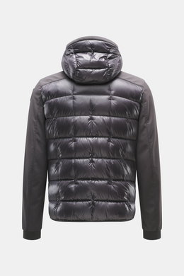 Rückansicht der Parajumpers Softshell-Daunenjacke "Vigolo" dunkelgrau, Ripstop Microfaser, Softshell mit Fleece, Daunenfüllung, wasserabweisend, atmungsaktiv, Slim Fit, Kapuze, Reißverschlüsse, elastische Bündchen.