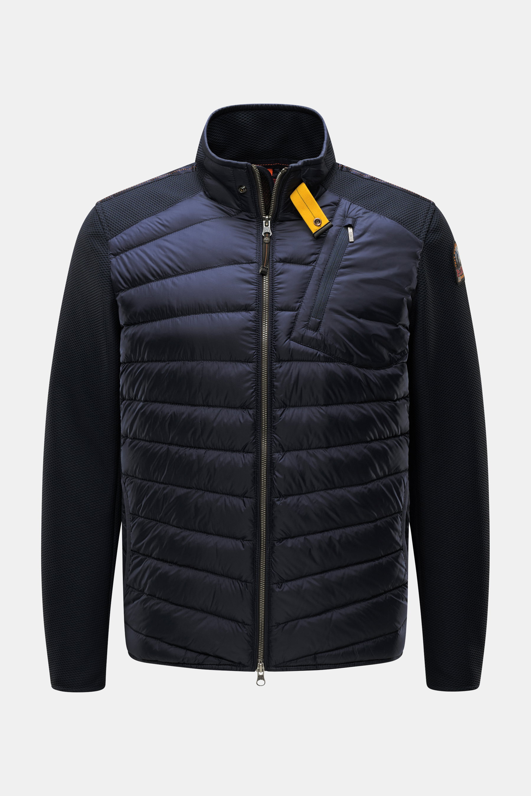 Parajumpers Daunenjacke 'Jayden' navy, Frontansicht, hochwertige Microfaser, elastisches Wabengewebe, Slim Fit, Daunenfüllung, wind- und wasserabweisend, Belüftungsschlitze, Brusttasche, Zwei-Wege-Reißverschluss, Stehkragen mit Knopfriegel, PARAJUMPERS-We