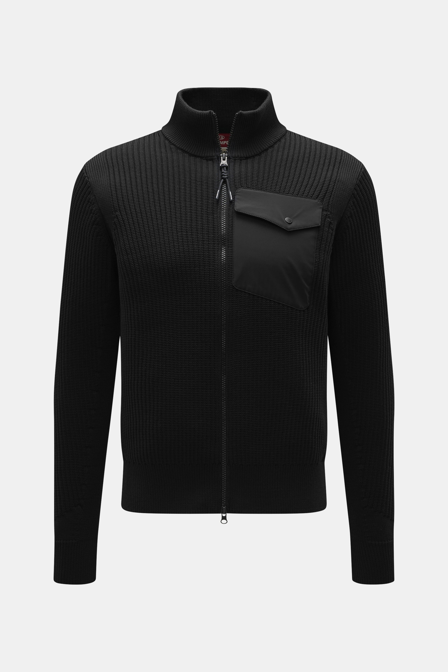 Front view of Parajumpers Strickjacke 'Manny' dunkelblau, a slim fit knit jacket in wool and cotton with a textured, medium-fine knit, patent pattern, high stand collar, durable metal zipper, narrow contrast stripe on shoulder, and brand logo badge on upp