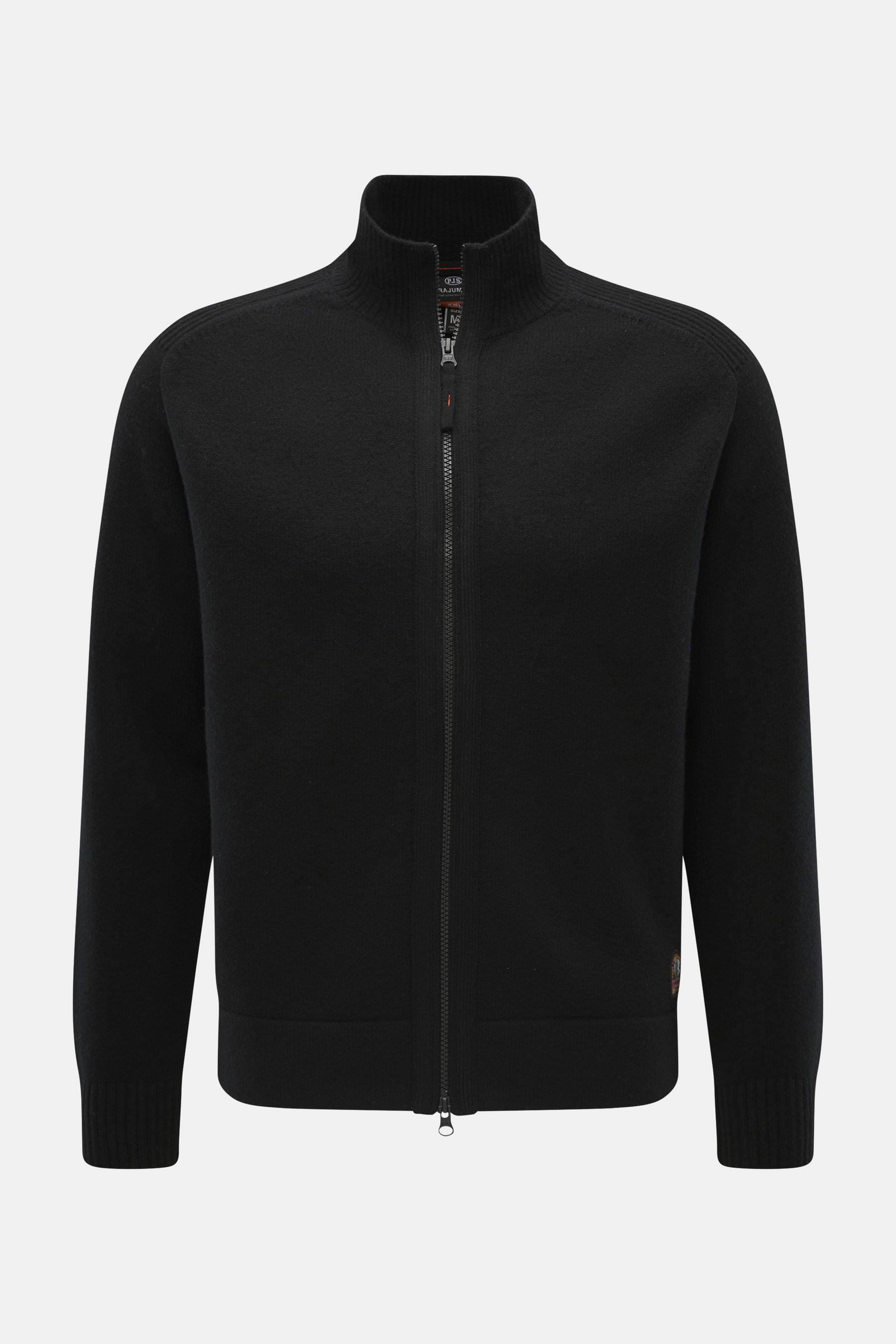 Parajumpers Strickjacke 'Levico' schwarz, Frontansicht, Strick aus Wolle/Microfaser, schwere Qualität, Regular Fit, Zwei-Wege-Reißverschluss, gerippter Stehkragen, weicher Griff, Logo-Badge, Rippstrick-Kontraststreifen, doppelte Saumabschlüsse, komfortabl