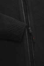 Parajumpers Strickjacke 'Levico' schwarz Nahaufnahme von Ärmel und Zwei-Wege-Reißverschluss, Strick aus Wolle und Microfaser, mittelfeines Strickbild, Regular Fit, gerippter Stehkragen, Rippstrick-Kontraststreifen, Logo-Badge am Saum, doppelte Saumabschlü