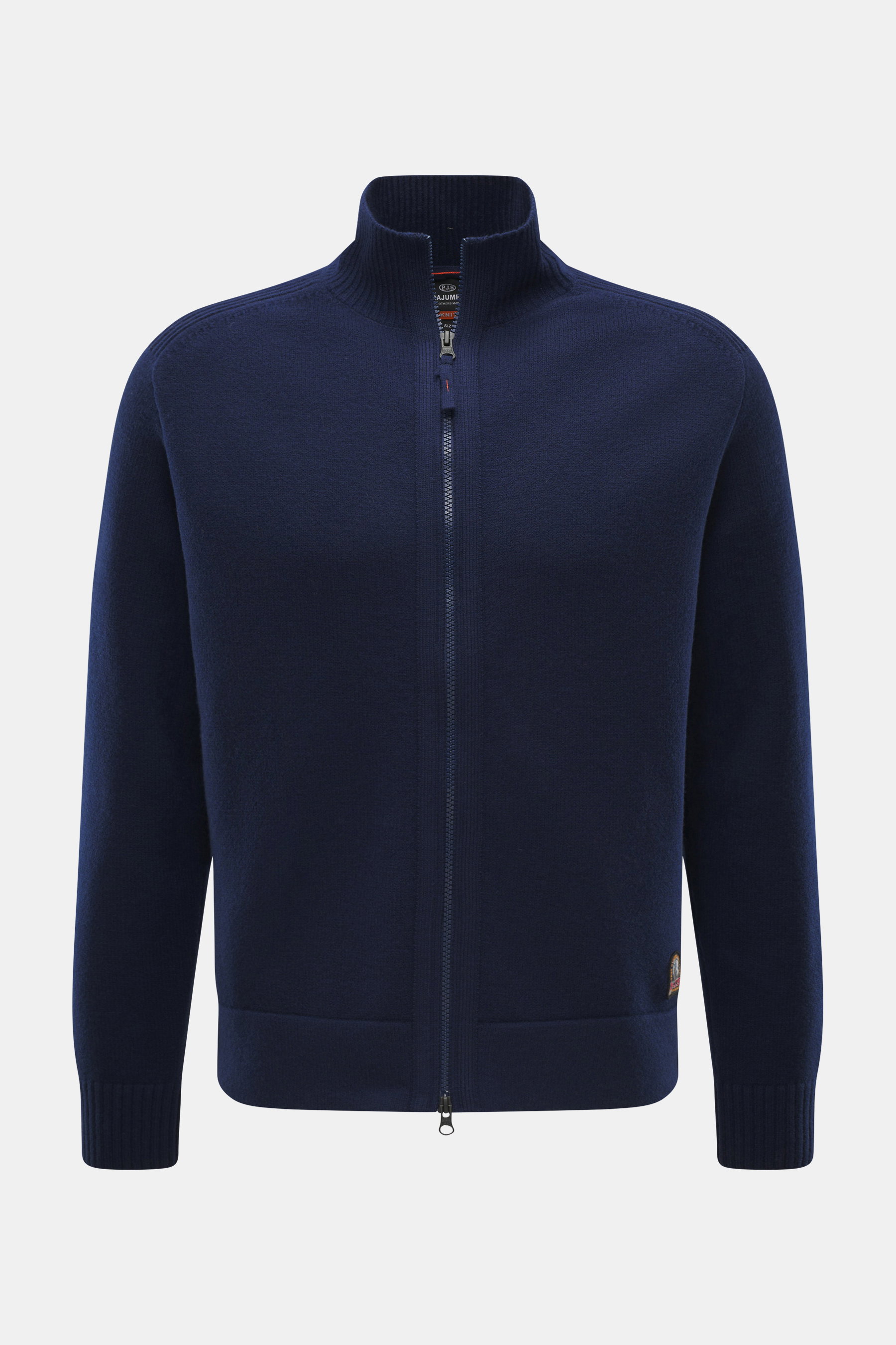 Parajumpers Strickjacke 'Levico' navy, frontale Nahaufnahme, Strick aus Wolle und Microfaser, schwere Qualität, weicher Griff, mittelfeines Strickbild, Regular Fit, Zwei-Wege-Reißverschluss, gerippter Stehkragen, schmale Rippstrick-Kontraststreifen, Logo-