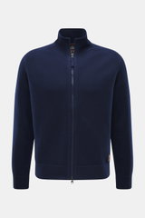 Parajumpers Strickjacke 'Levico' navy, frontale Nahaufnahme, Strick aus Wolle und Microfaser, schwere Qualität, weicher Griff, mittelfeines Strickbild, Regular Fit, Zwei-Wege-Reißverschluss, gerippter Stehkragen, schmale Rippstrick-Kontraststreifen, Logo-