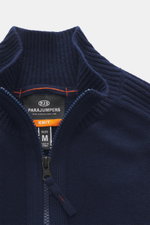 Parajumpers Strickjacke 'Levico' navy, Detailaufnahme von oben, Strick aus Wolle und Microfaser, schwer, weich, mittelfein, Regular Fit, Zwei-Wege-Reißverschluss, gerippter Stehkragen, Kontraststreifen, Logo-Badge, doppelte Säume, komfortable Bündchen.