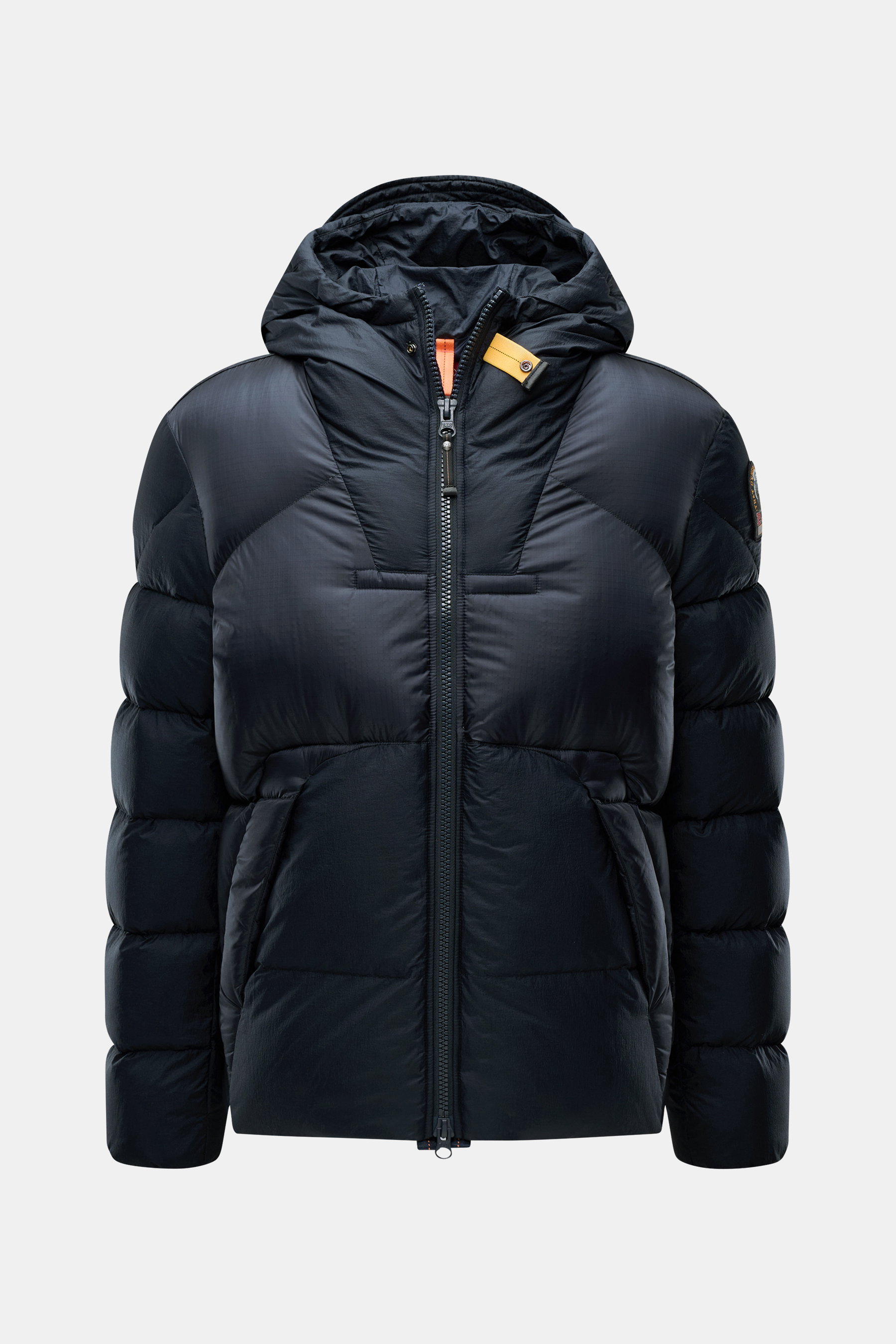 Parajumpers Daunenjacke 'Notigi' navy, frontale Nahaufnahme, ultraleichtes Nylon-Ripstop, Microfaser, Kapuze, wind- und wasserabweisend, Daunenfüllung.