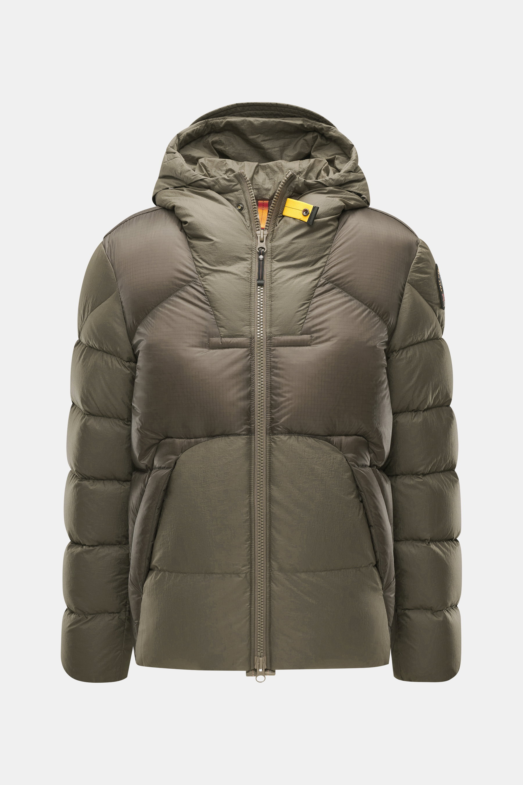 Parajumpers Daunenjacke 'Notigi' khaki, frontale Nahaufnahme, ultraleichtes Nylon-Ripstop, Microfaser, Kapuze, wind- und wasserabweisend, wärmend.