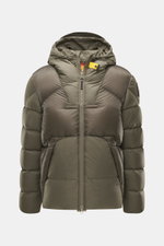 Parajumpers Daunenjacke 'Notigi' khaki, frontale Nahaufnahme, ultraleichtes Nylon-Ripstop, Microfaser, Kapuze, wind- und wasserabweisend, wärmend.