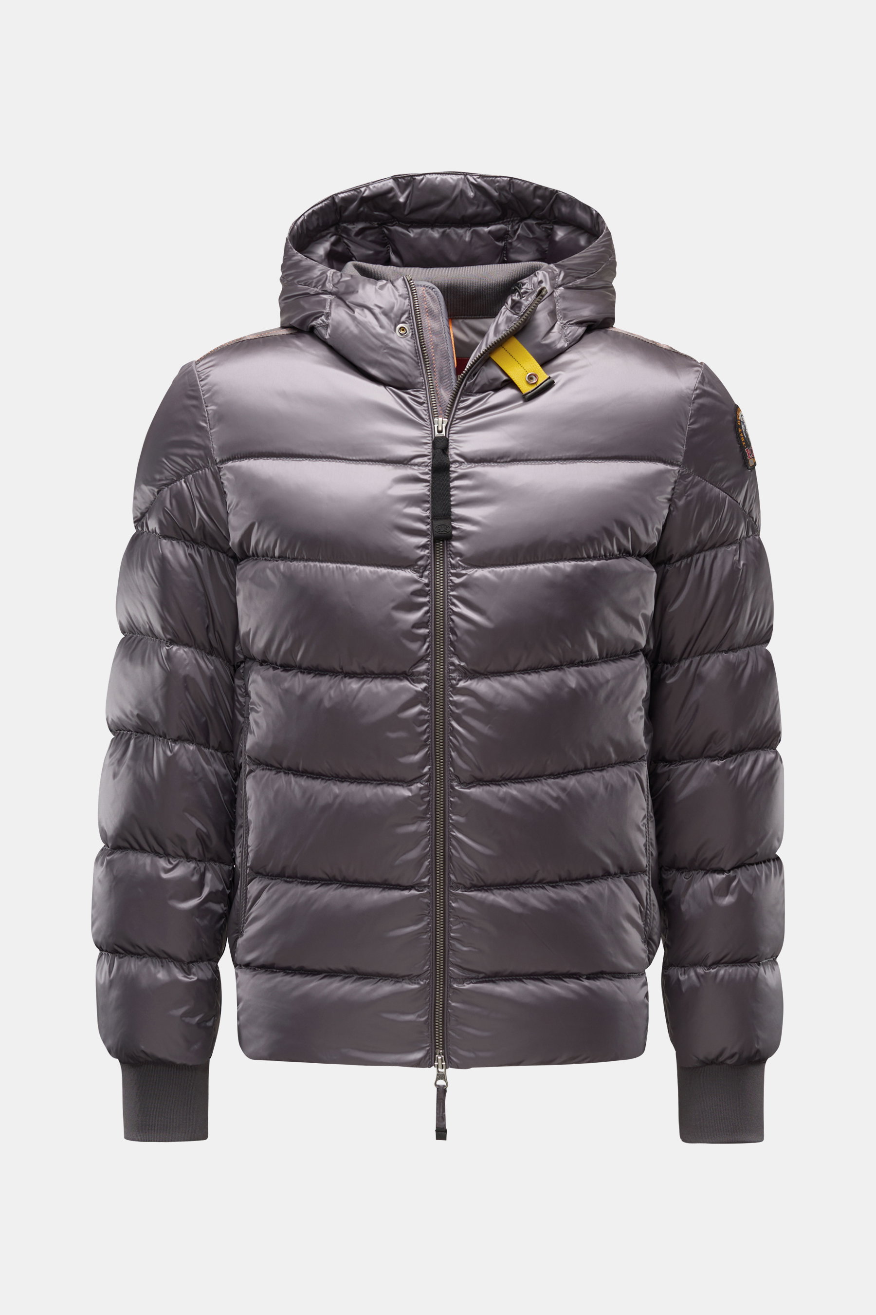 Parajumpers Daunenblouson 'Pharrell' grau, frontale Nahaufnahme, gesteppte Microfaser, Daunenfüllung, Kapuze, wasserabweisend, winddicht, Slim Fit, Reißverschluss, Belüftung, Rippbündchen, Innentaschen.