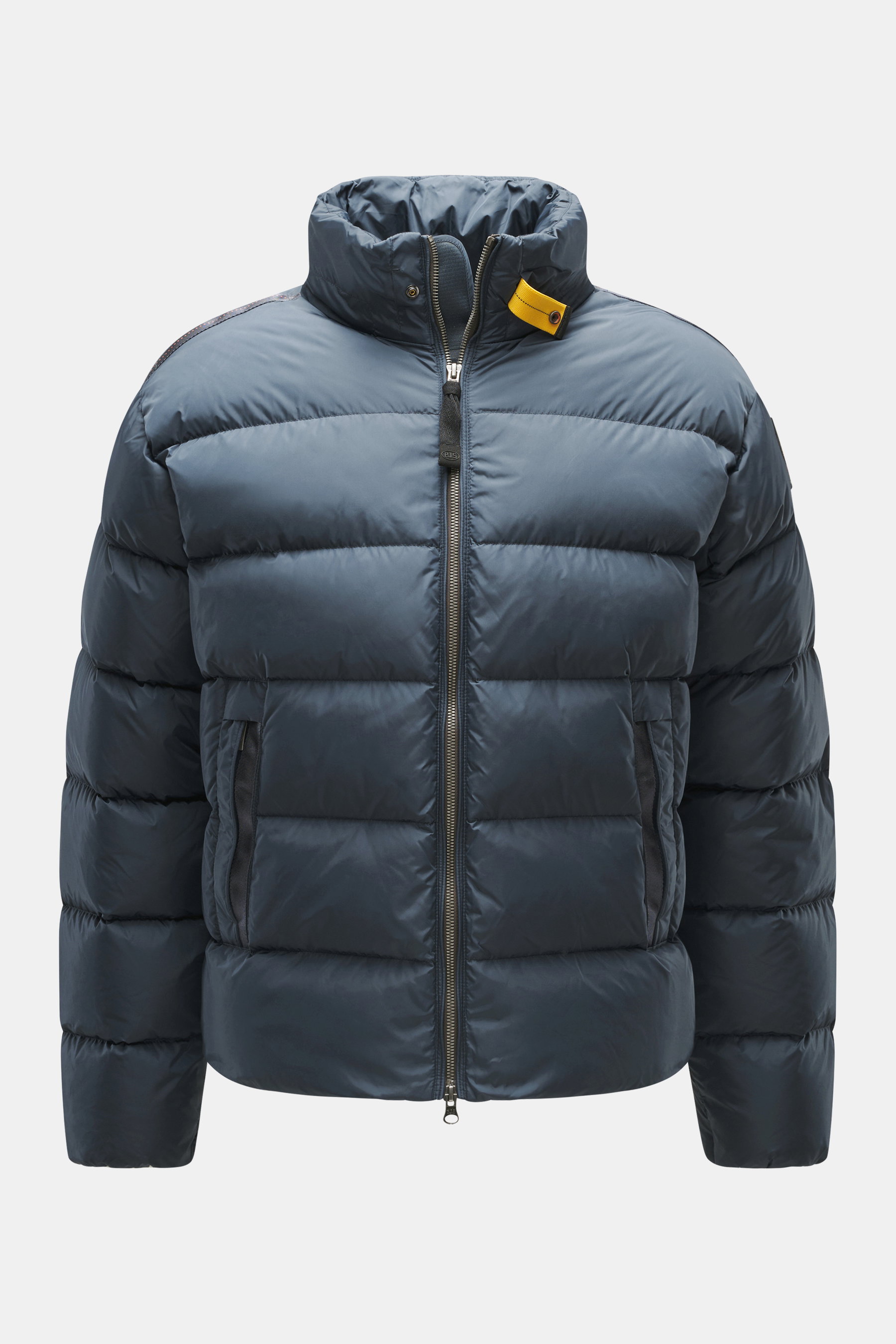 Front view of Parajumpers Down jacket 'Duleek' navy, featuring durable microfiber, super lightweight down filling, wind- and water-repellent, breathable, regular fit, two-way zipper, stand-up collar with button tab, zipper front pockets, woven label on up