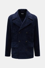 Front view of the 04651/ A trip in a bag Corduroy pea coat navy in slim fit, made of wide wale cotton corduroy with double-breasted buttons, wide lapel collar, flap pockets, and seersucker lining for a nautical autumn statement.