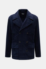 Front view of the 04651/ A trip in a bag Corduroy pea coat navy in slim fit, made of wide wale cotton corduroy with double-breasted buttons, wide lapel collar, flap pockets, and seersucker lining for a nautical autumn statement.