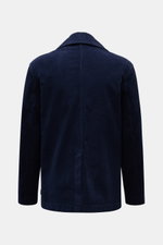 Rear view of the 04651/ A trip in a bag Corduroy pea coat navy, made of wide wale cotton corduroy with a centre back vent, showing its slim fit and voluminous texture. 

<p>Make a statement this autumn with the pea coat 'Cord Peacoat' by 04651/ A TRIP IN 