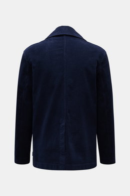 Rear view of the 04651/ A trip in a bag Corduroy pea coat navy, made of wide wale cotton corduroy with a centre back vent, showing its slim fit and voluminous texture. 

<p>Make a statement this autumn with the pea coat 'Cord Peacoat' by 04651/ A TRIP IN 