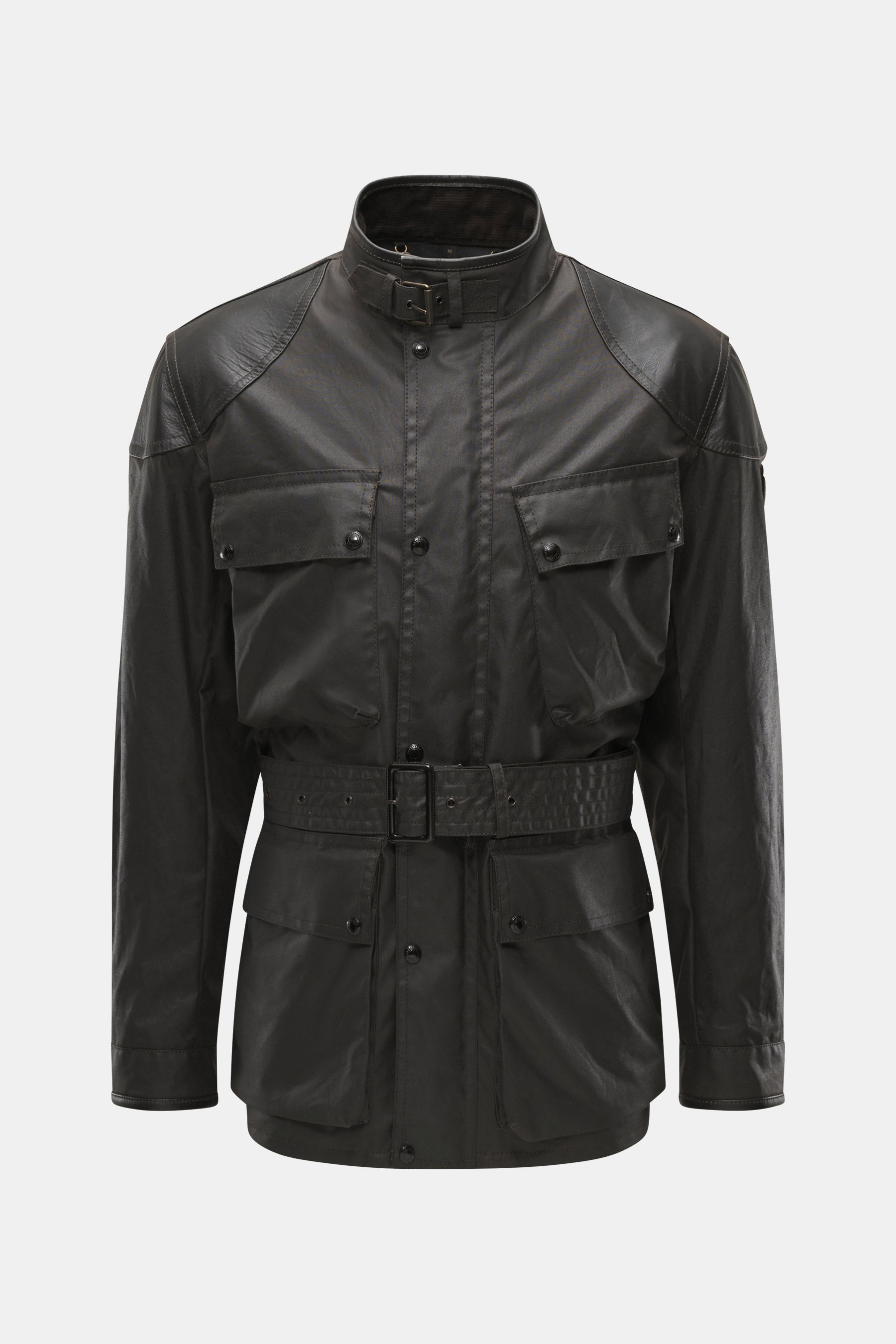 Belstaff Waxed jacket 'Trialmaster Phoenix' dark brown shown from front, slim fit waxed cotton with leather details, waist belt, patch pockets, reinforced shoulders and elbows, narrow stand-up collar with leather piping, adjustable cuffs, robust zipper, w