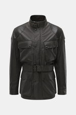 Belstaff Waxed jacket 'Trialmaster Phoenix' dark brown shown from front, slim fit waxed cotton with leather details, waist belt, patch pockets, reinforced shoulders and elbows, narrow stand-up collar with leather piping, adjustable cuffs, robust zipper, w