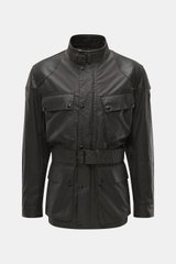 Belstaff Waxed jacket 'Trialmaster Phoenix' dark brown shown from front, slim fit waxed cotton with leather details, waist belt, patch pockets, reinforced shoulders and elbows, narrow stand-up collar with leather piping, adjustable cuffs, robust zipper, w