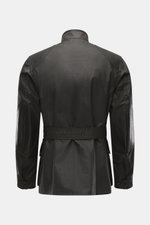Belstaff Waxed jacket 'Trialmaster Phoenix' dark brown shown from the back, slim fit waxed cotton with leather details, waist belt, reinforced elbows, patch pockets, stand-up collar, and adjustable cuffs. Durable and timeless design from the limited 'Phoe