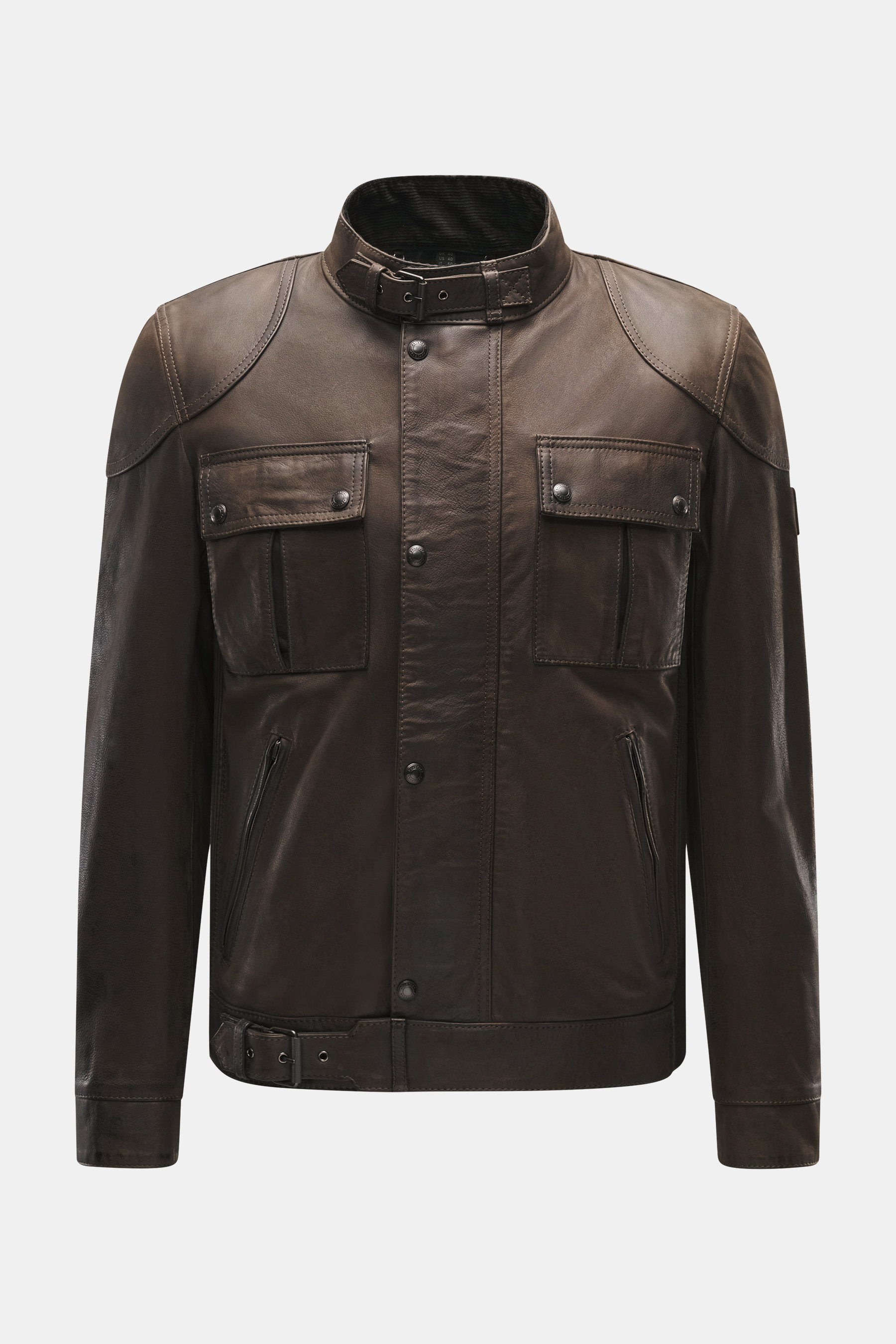 Belstaff Leather Jacket 'Gangster' Brown shown from front: noble nubuck leather, slim fit, robust zipper, wind flap with press studs, narrow stand-up collar with prong buckle, BELSTAFF logo on upper arm, patch chest pockets, zippered front pockets, adjust