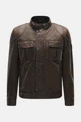 Belstaff Leather Jacket 'Gangster' Brown shown from front: noble nubuck leather, slim fit, robust zipper, wind flap with press studs, narrow stand-up collar with prong buckle, BELSTAFF logo on upper arm, patch chest pockets, zippered front pockets, adjust