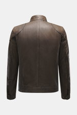 Belstaff Leather Jacket 'Gangster' Brown shown from the back, featuring noble nubuck leather, slim fit, robust zipper, wind flap, stand-up collar, logo on arm, patch chest pockets, zippered front pockets, adjustable cuffs and sides, hem strap, checkered l