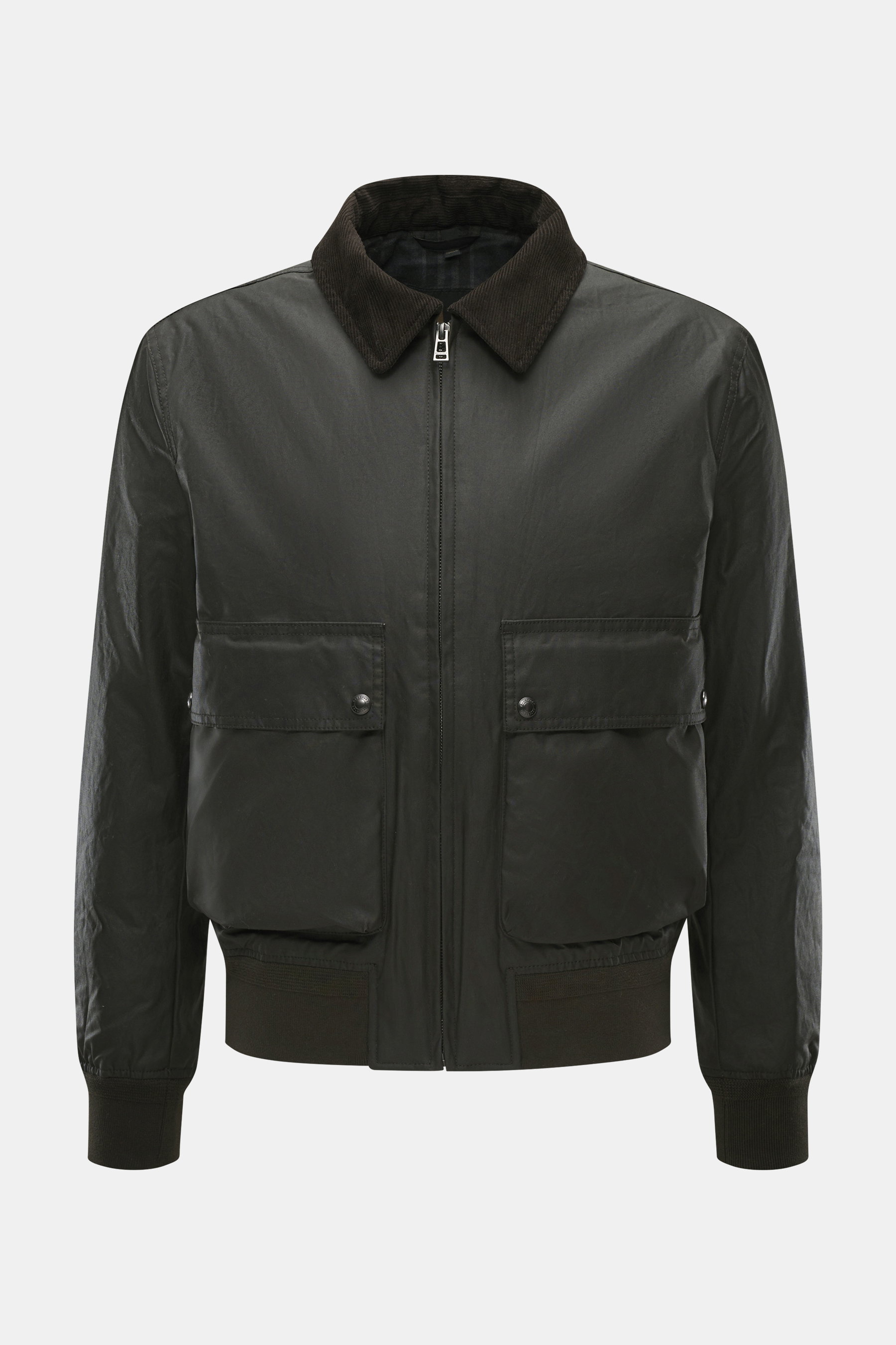 Front view of the Belstaff Wax blouson 'Mount Jacket' dark olive in waxed cotton with corduroy collar, patch pockets, ribbed cuffs, and metal zipper, featuring checked cotton lining and a slim fit, combining military aesthetics with British motorcycle tra