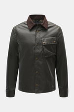 Front view of Belstaff Waxed Jacket 'Ground' dark olive, slim fit with waxed cotton, wind- and water-repellent, smooth feel, robust metal zipper, wind flap with press studs, turn-down collar with corduroy trim, patch chest pocket with press studs, BELSTAF