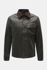Front view of Belstaff Waxed Jacket 'Ground' dark olive, slim fit with waxed cotton, wind- and water-repellent, smooth feel, robust metal zipper, wind flap with press studs, turn-down collar with corduroy trim, patch chest pocket with press studs, BELSTAF