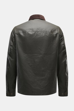 Belstaff Waxed Jacket 'Ground' dark olive shown from the back, featuring waxed cotton, wind- and water-repellent fabric, smooth feel, slim fit, robust metal zipper, wind flap with press studs, turn-down collar with corduroy trim, patch chest pocket with p
