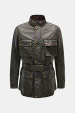 Belstaff Wachsjacke 'Trialmaster' dark olive, Frontansicht, Slim Fit, gewachste, wasserabweisende Baumwolle, Taillengürtel, Brust- und Fronttaschen, Cordkragen.